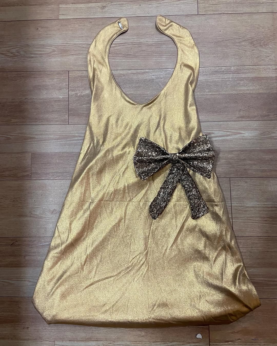 Golden Affair Halter Neck Shimmer Golden Dress With Big Bow