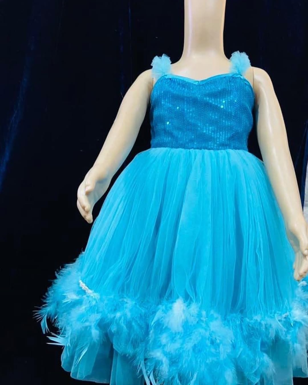 Turquoise Blue Dress In Shimmer & Feathers